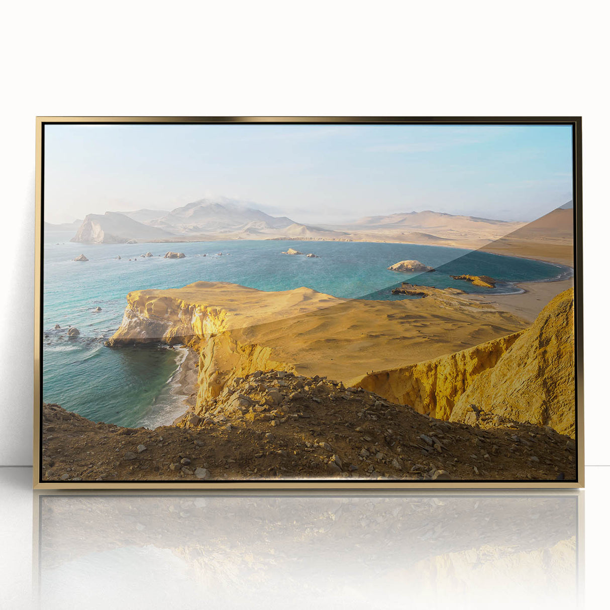 Large art print of a Peruvian landscape in mid-century modernist style, acrylic on framed gold canvas.