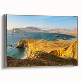 Framed canvas featuring a colorful vintage-style landscape art painting of a Peruvian scenery.