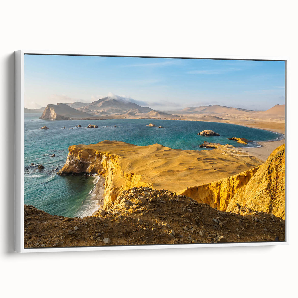 Framed canvas vintage poster art featuring a colorful Peruvian landscape, ideal for living room decor.
