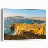 Framed canvas vintage poster art featuring a colorful Peruvian landscape, ideal for living room decor.