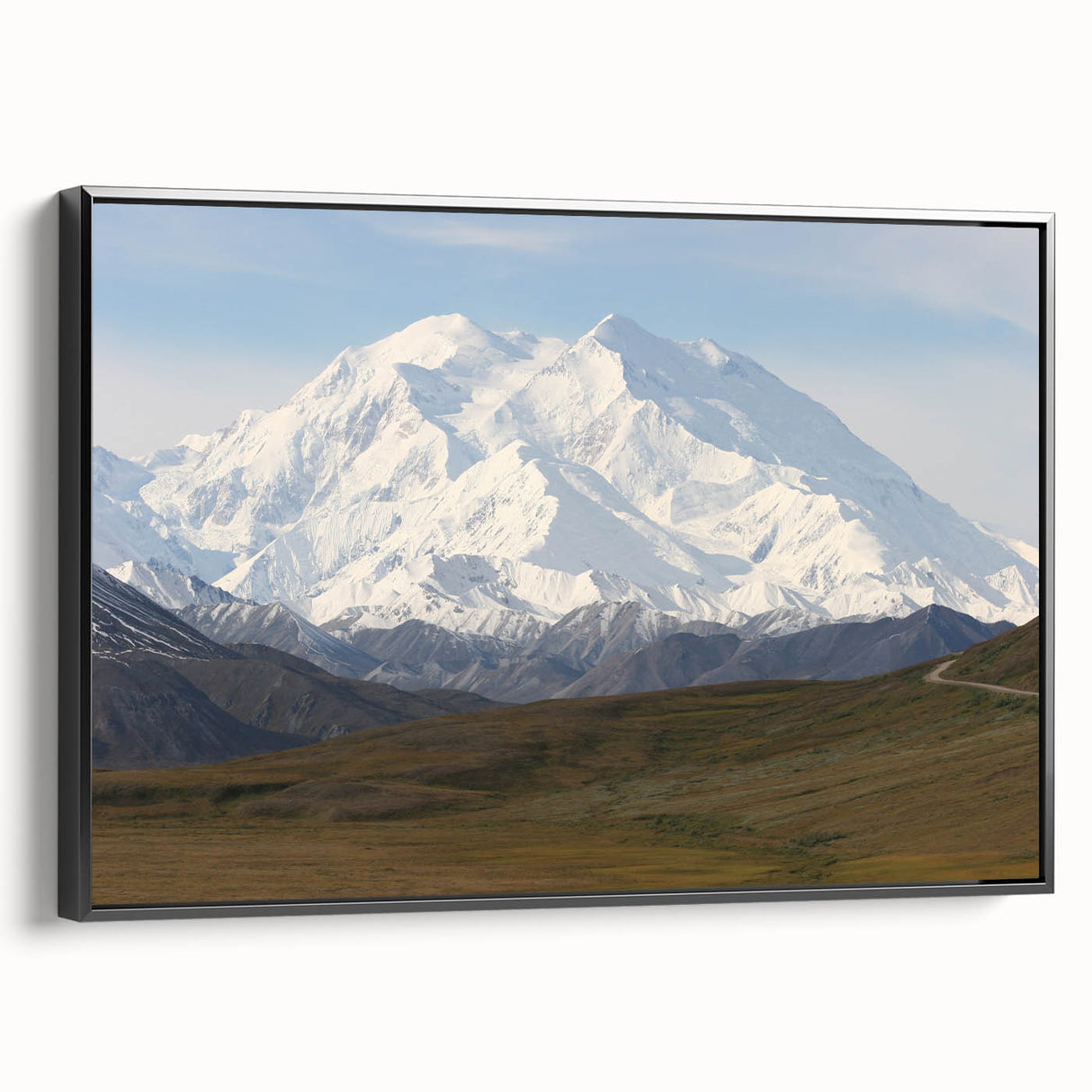 Black and white framed canvas of Denali, Alaska landscape, ideal for bedroom wall art.