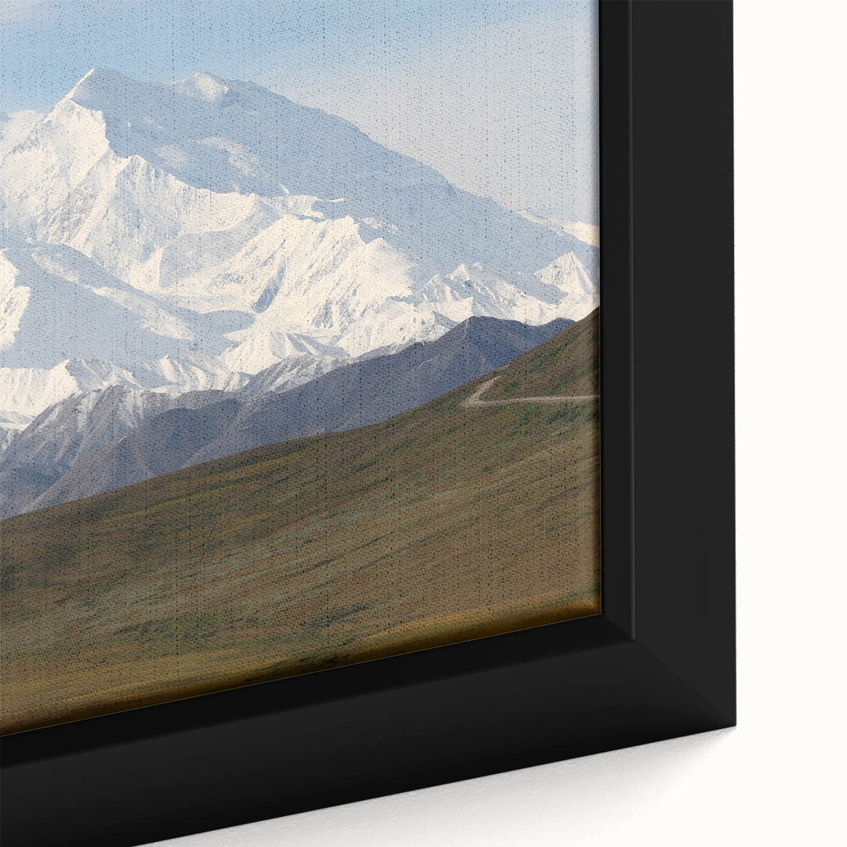 Extra large framed canvas featuring a textured depiction of Denali, Alaska in black with colorful art accents.