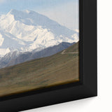 Extra large framed canvas featuring a textured depiction of Denali, Alaska in black with colorful art accents.