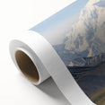 Art deco poster of Denali, Alaska, in muted earth tones on rolled canvas, suitable for nursery wall art or dining room decor.