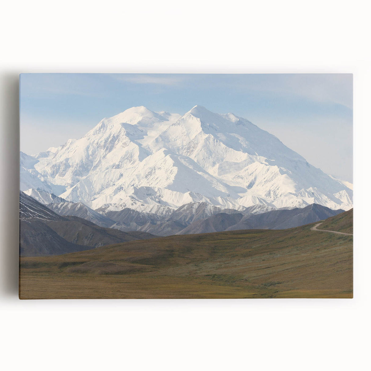 Black and white stretched canvas of Denali, Alaska, ideal for kitchen wall art.