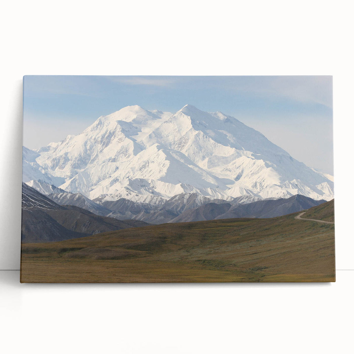 Black and white photo of Denali, Alaska on a large stretched canvas, suitable as kitchen wall art or bedroom decor.