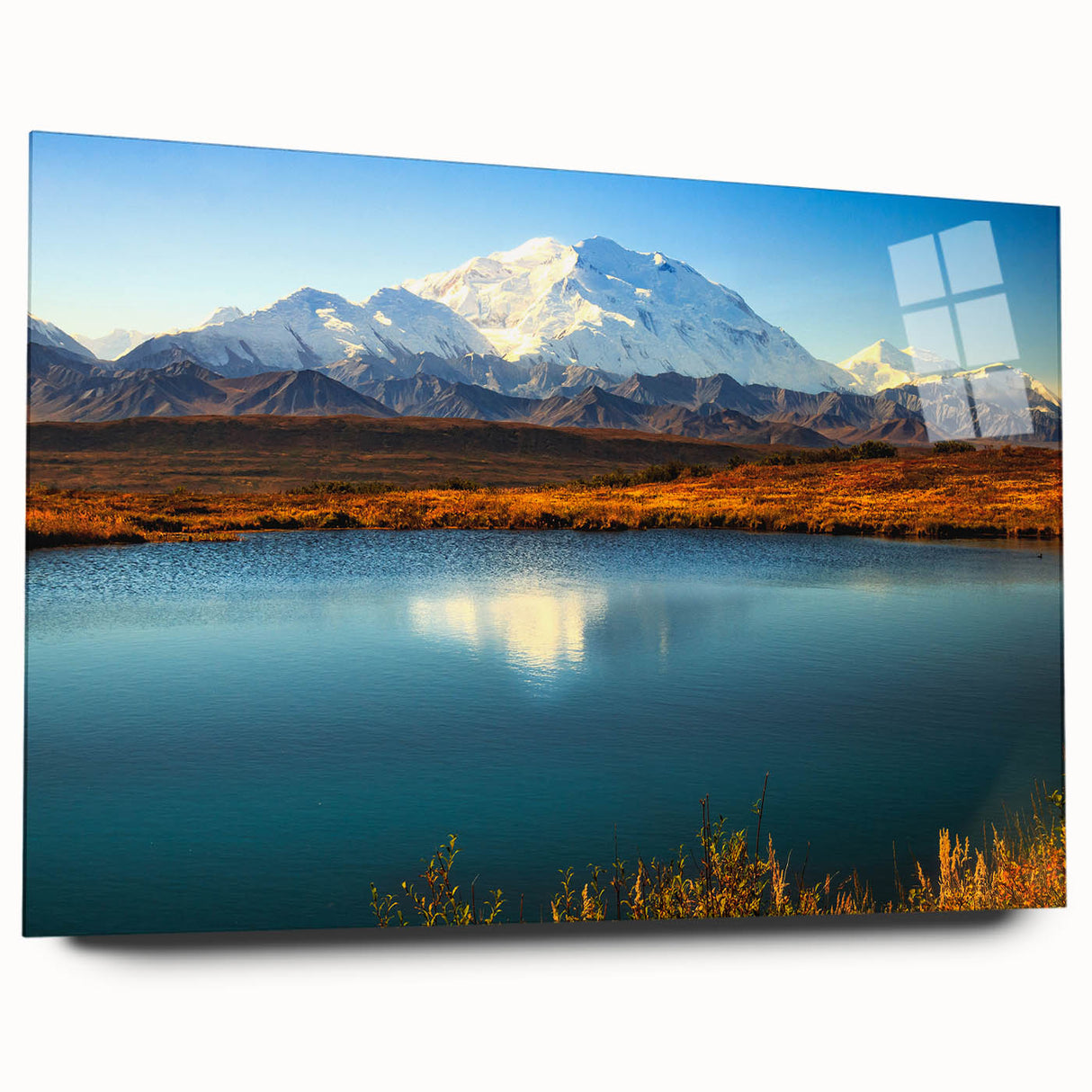 Large abstract depiction of an Alaskan landscape in muted earth tones on acrylic glass.
