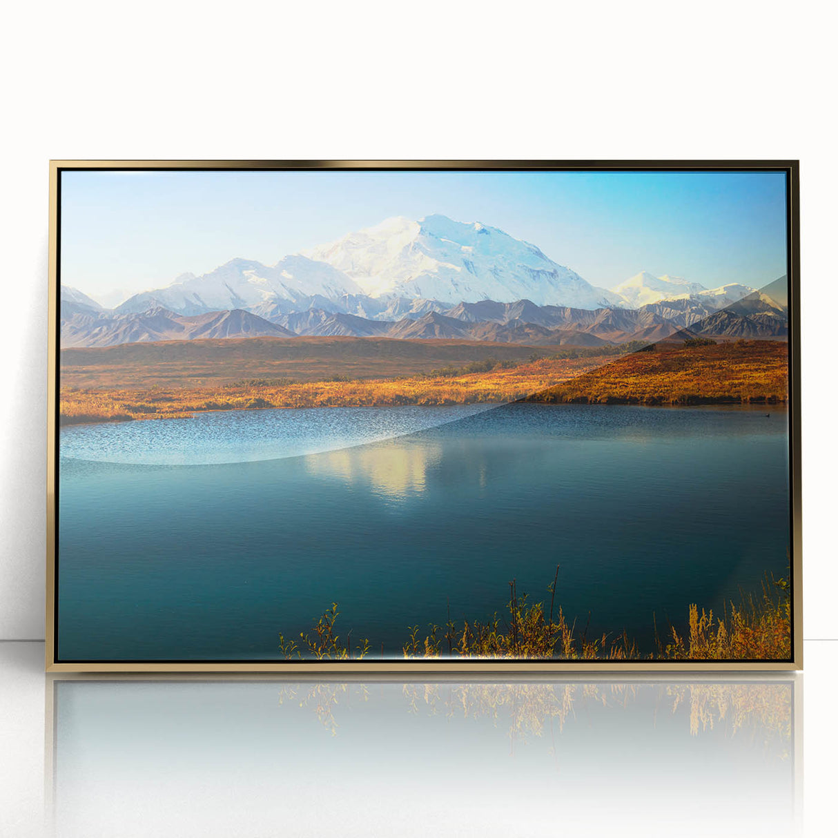 Framed acrylic print of a serene Alaska landscape in muted earth tones, suitable for modern art wall decor.