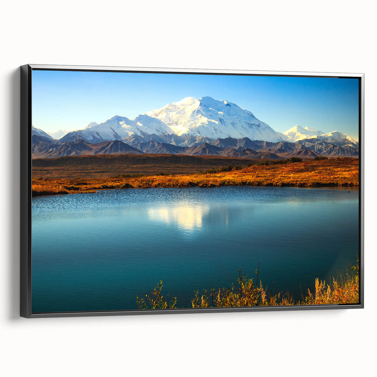 Black and white framed canvas of an Alaskan landscape, ideal for bedroom wall art with a vintage poster style.