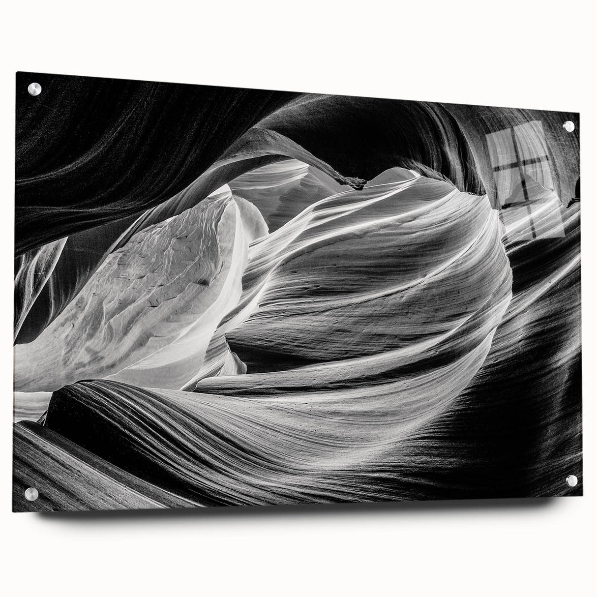 Large abstract depiction of Antelope Canyon in Arizona on acrylic glass, featuring earthy red and orange tones.