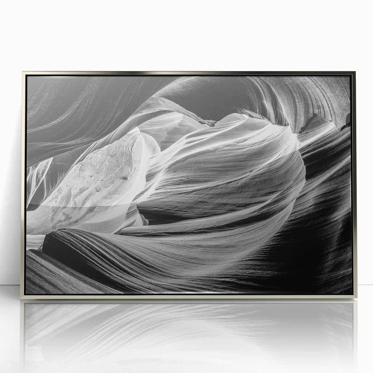 Framed acrylic print of Antelope Canyon in Arizona, featuring earth-toned colors and mid-century modernist style.