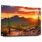 Acrylic print of Sonoran Desert with vibrant sunset colors, ideal for dining room decor.