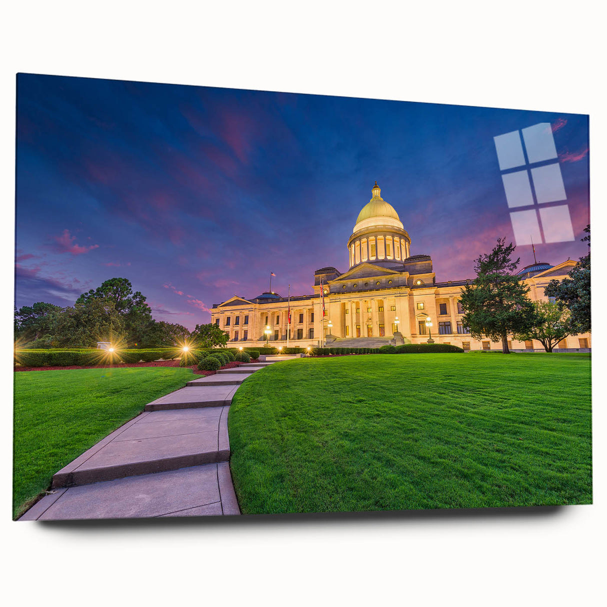 Acrylic glass print of a serene Arkansas landscape in muted green and blue tones, ideal for bedroom or dining room art.