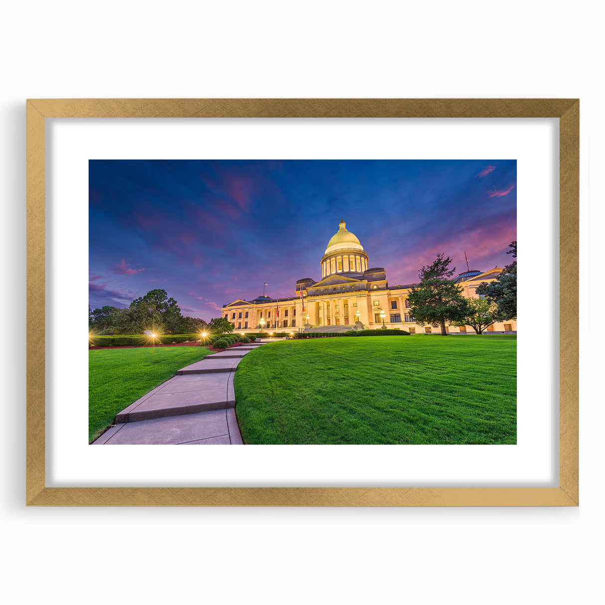Extra large abstract art print featuring textured scenery of Arkansas, in muted earth tones, framed in gold.