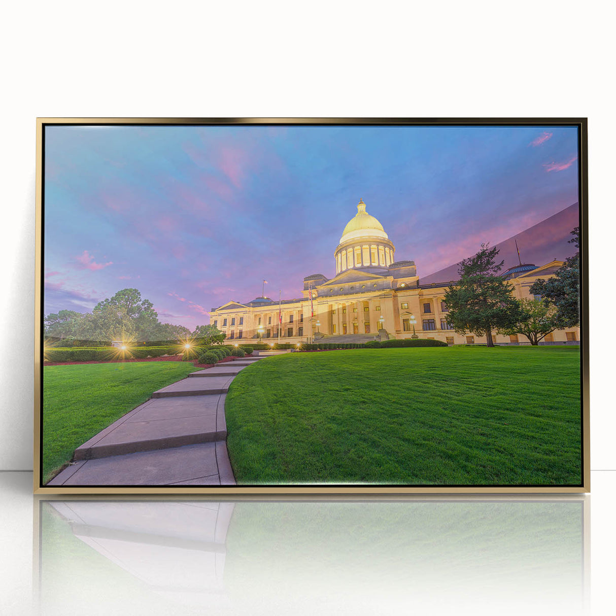 Mid-century modernist style Arkansas scenery on a large framed acrylic print with gold hues, ideal for modern art wall decor.