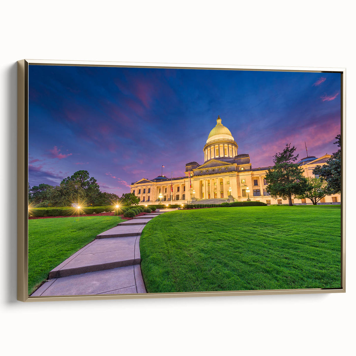 Framed canvas of a vintage-style Arkansas landscape painting in muted gold and black, suitable for bedroom wall art.