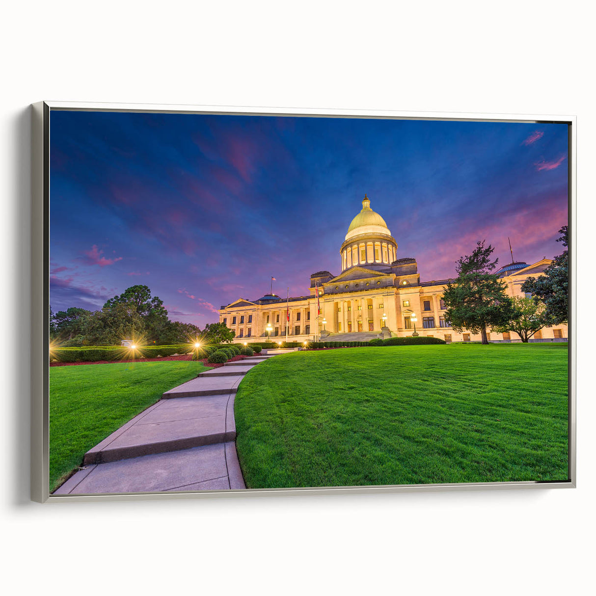 Framed canvas of a vintage-style Arkansas landscape painting, featuring colorful art on a black background.