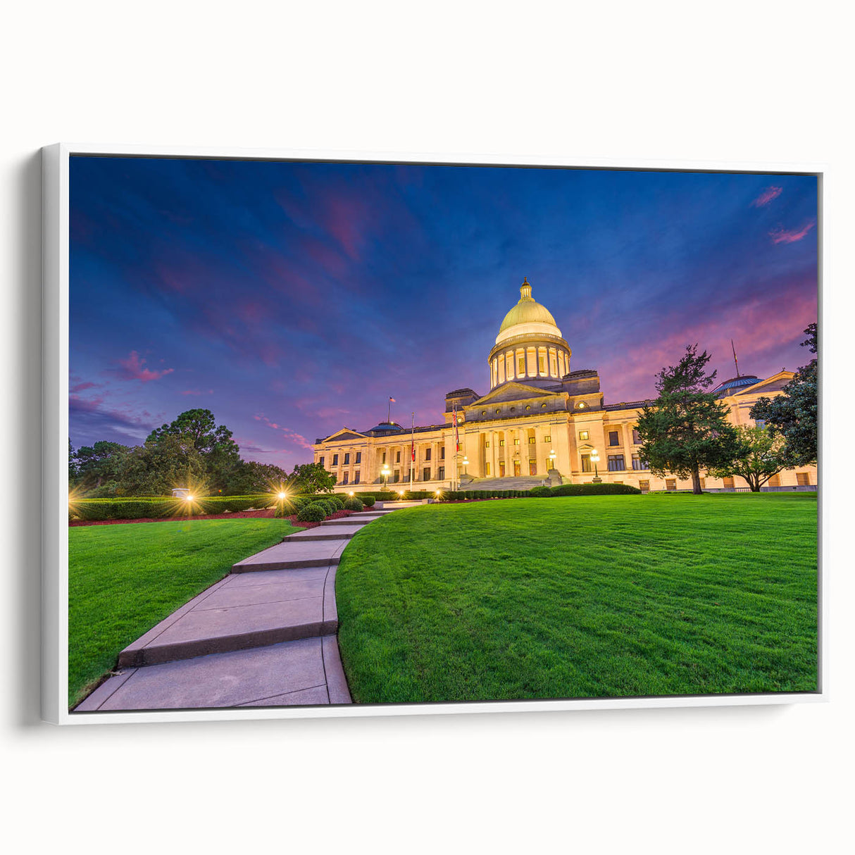 Vintage poster art of Arkansas scenery on a framed canvas, featuring colorful art with black accents.