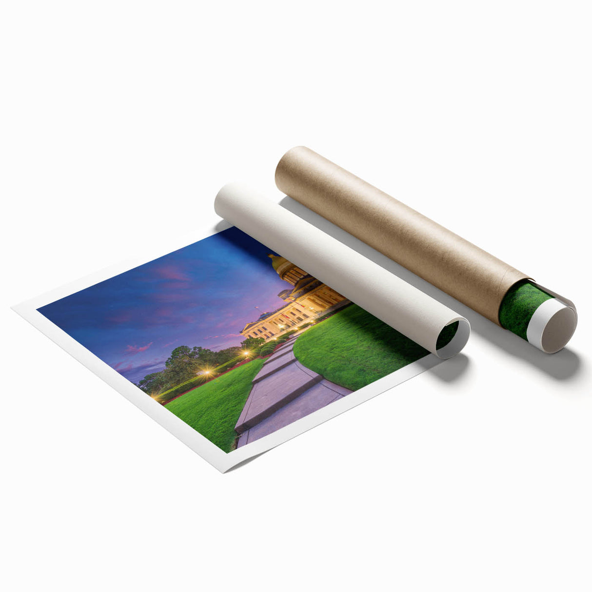 Rolled print featuring a serene Arkansas landscape with lush greenery and floral elements.
