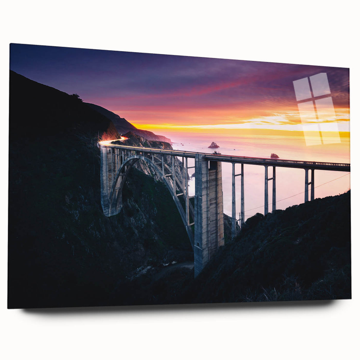 Large abstract depiction of Big Sur on acrylic glass, featuring deep blue and green tones.