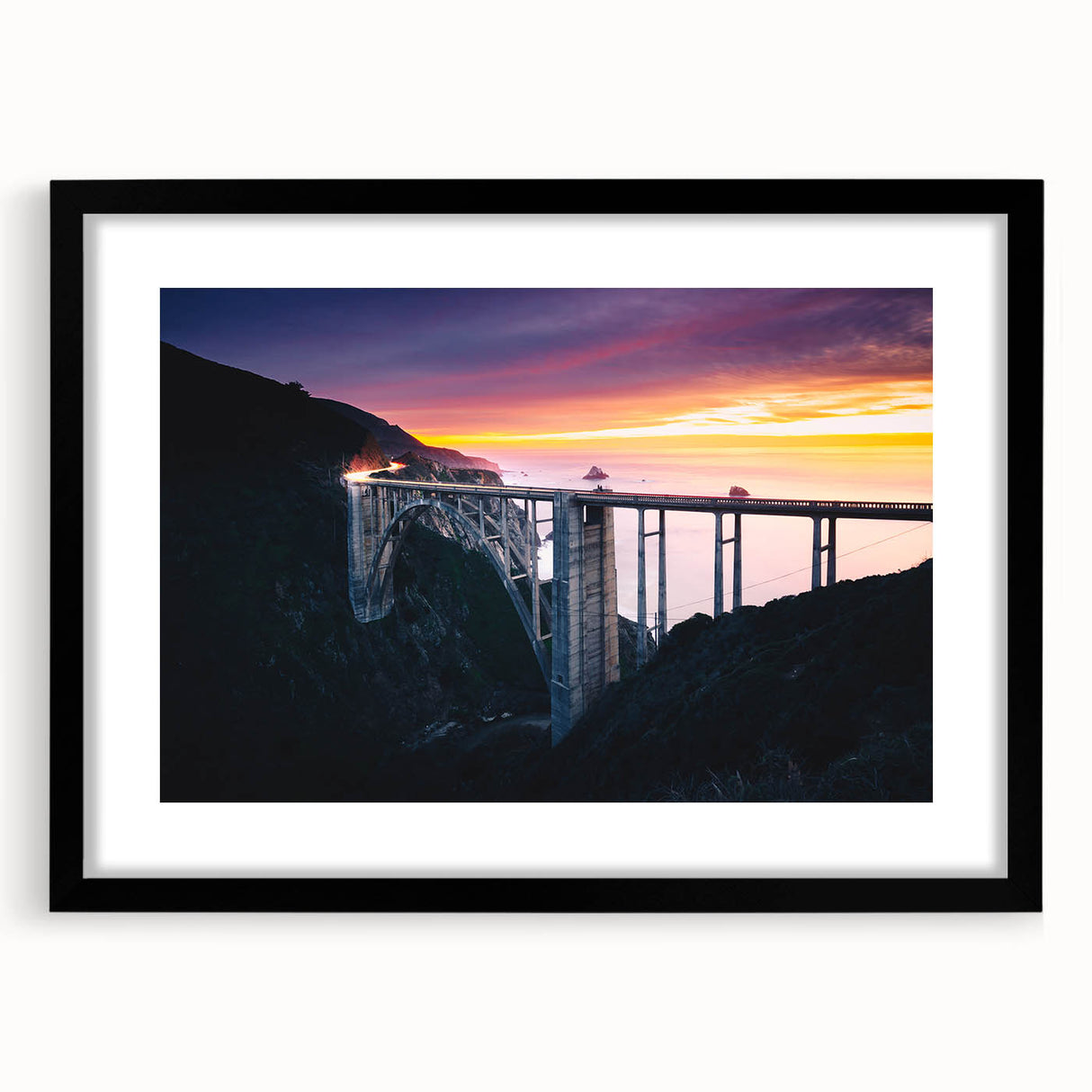 Extra large abstract art print depicting the vibrant, textured scenery of Big Sur on a framed black canvas.