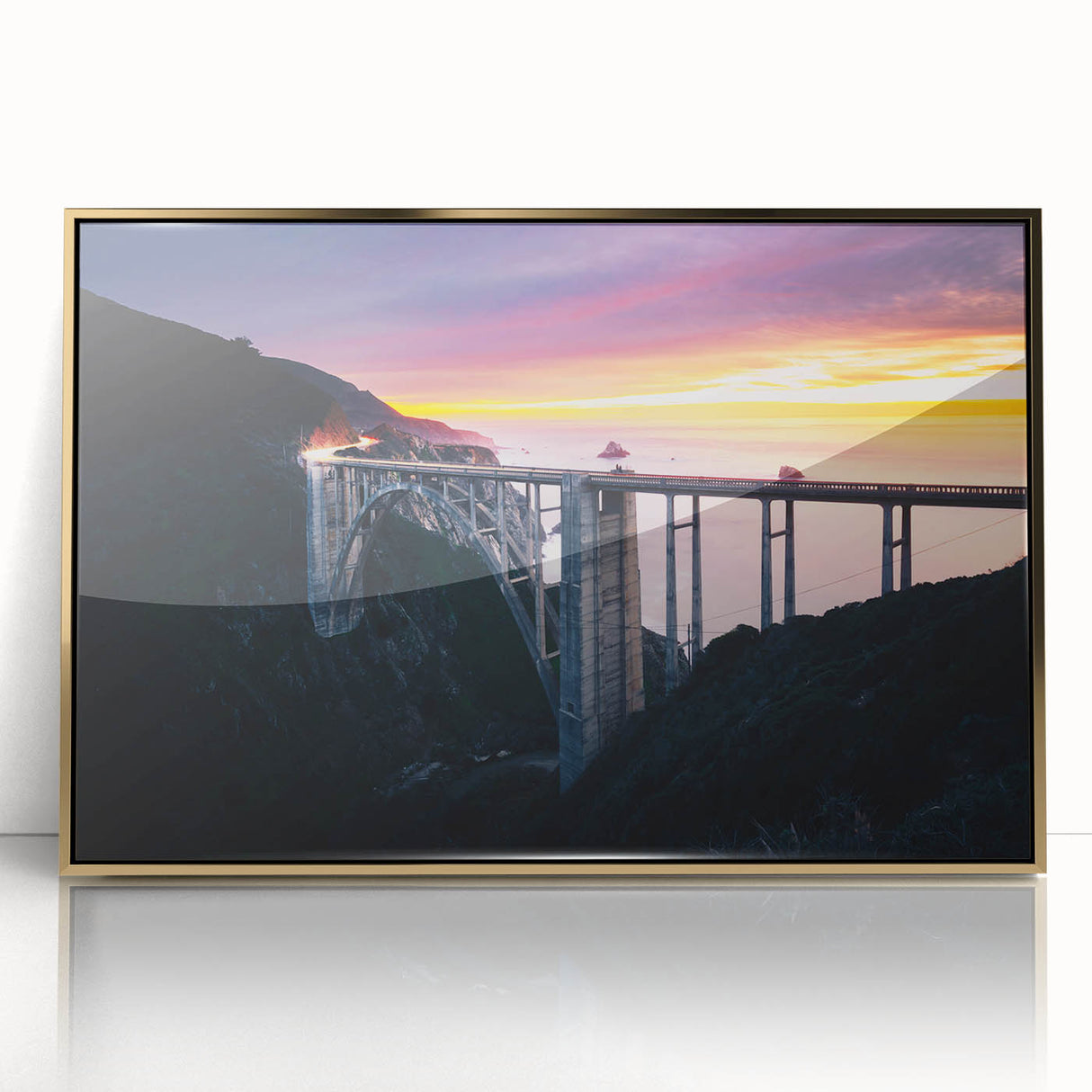 Large art print of the Big Sur coastline in muted earth tones on a framed acrylic, ideal for modern art wall decor.