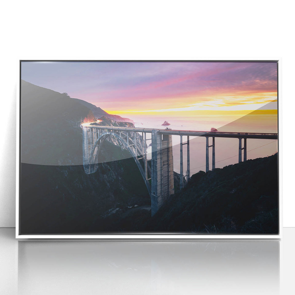 Acrylic print of Big Sur landscape in muted blue and green tones, framed in white, ideal for modern art wall decor.