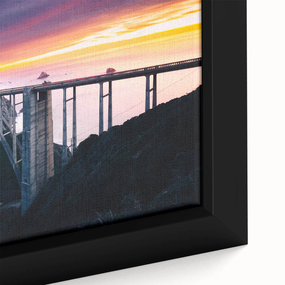 Extra large framed canvas of Big Sur coastline in black with colorful, textured art details, suitable for living room decor.