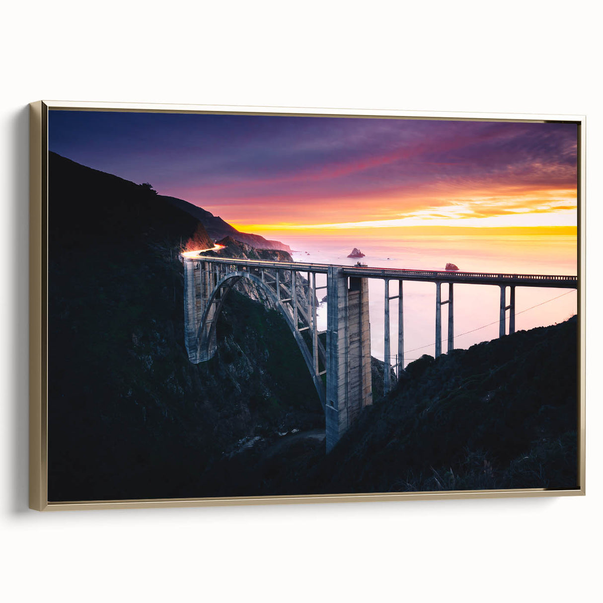 Framed canvas of Big Sur landscape in muted earth tones, ideal for bedroom wall art.