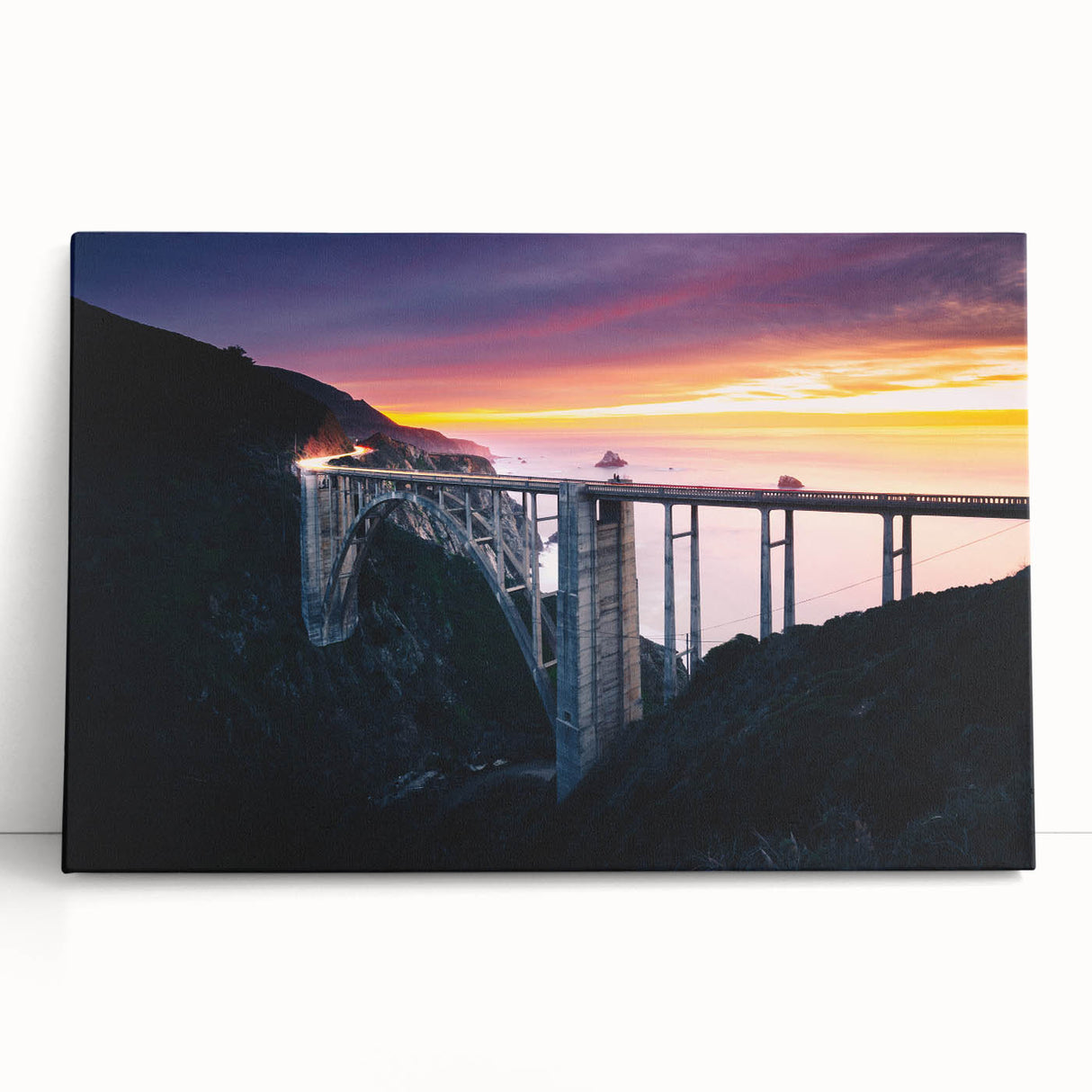 Black and white stretched canvas of Big Sur coastline, ideal for kitchen wall art or bedroom.