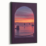 Black and white wall art featuring a vintage poster-style landscape of Catalina, California, on framed canvas.