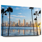 Large abstract wall art of the Coronado, California scenery on acrylic glass, featuring muted blue and gray tones.