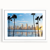 Abstract art print of Coronado, California, with a blend of vibrant sunset tones on a white framed mat.