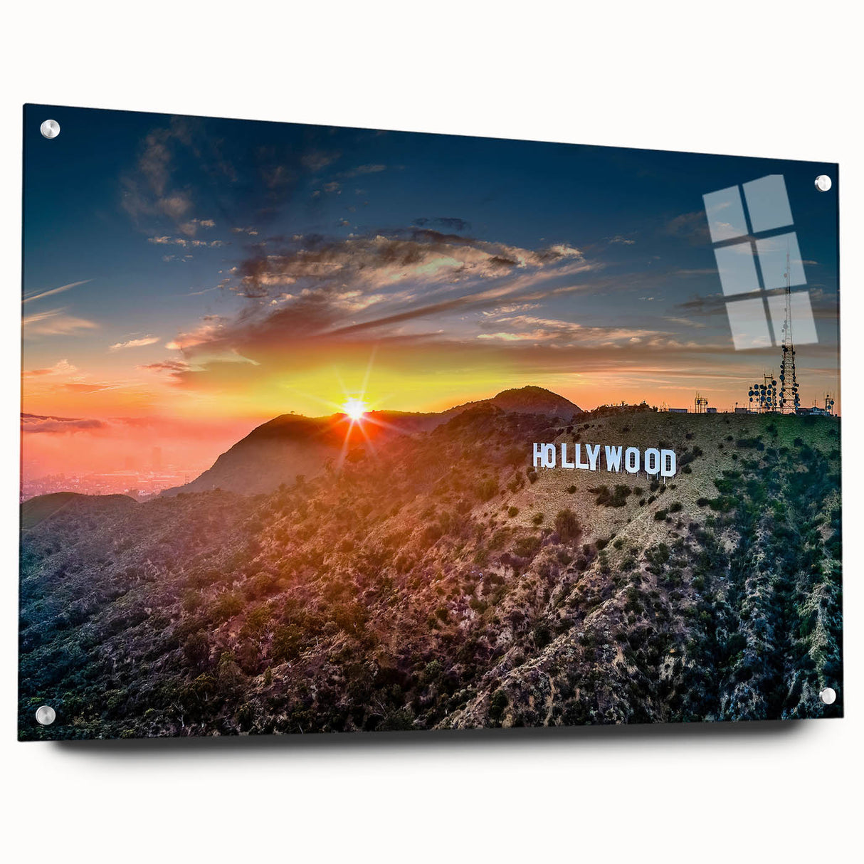 Acrylic print of a large abstract depiction of Hollywood, California in bold colors.