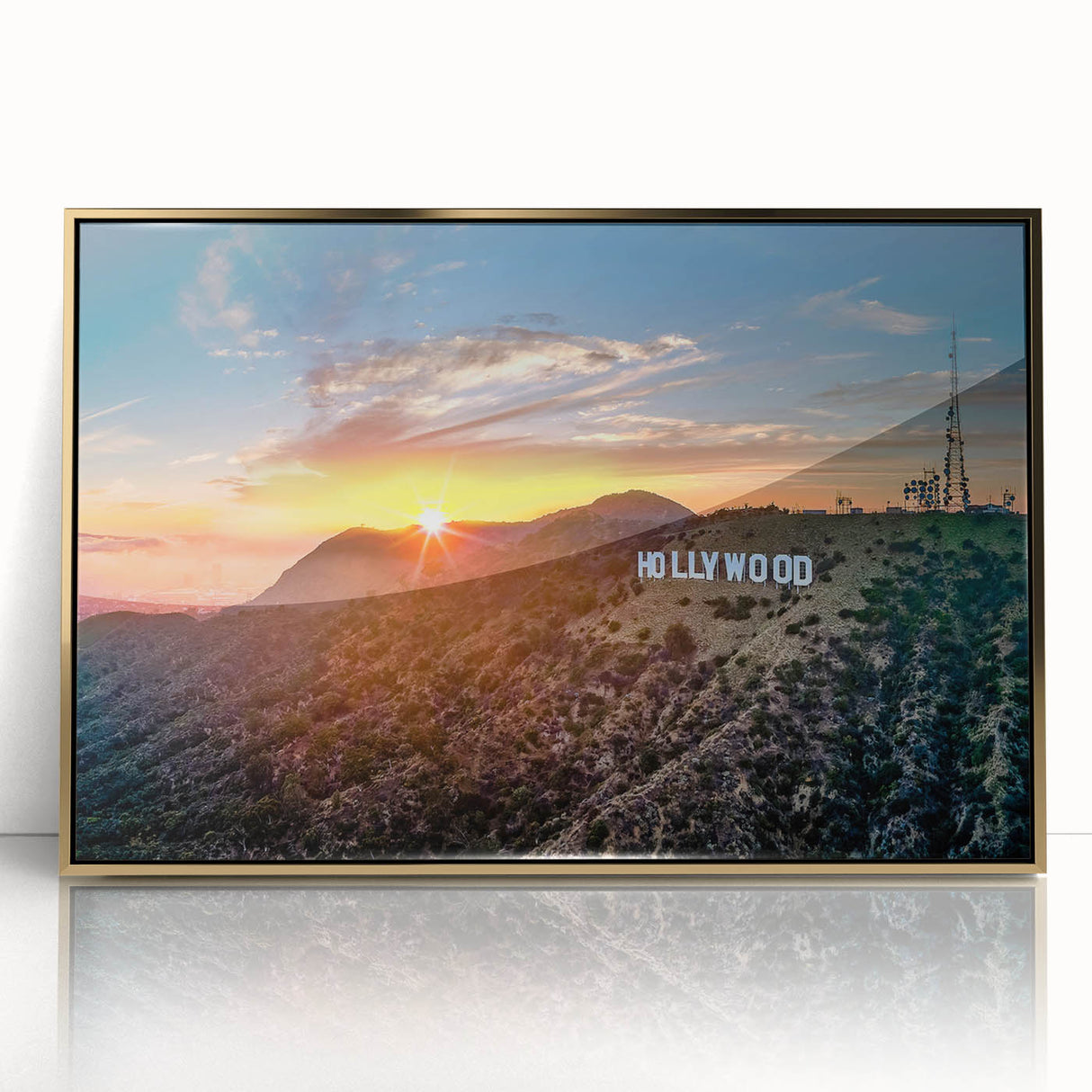 Large art print of the Hollywood, California scenery in gold tones on a framed acrylic, ideal for nursery wall decor.