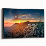 Black and white wall art of the Hollywood landscape on framed canvas, featuring vintage poster art style.