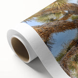 Art deco poster of Joshua Tree landscape on rolled canvas, in muted earth tones, ideal for nursery wall art.