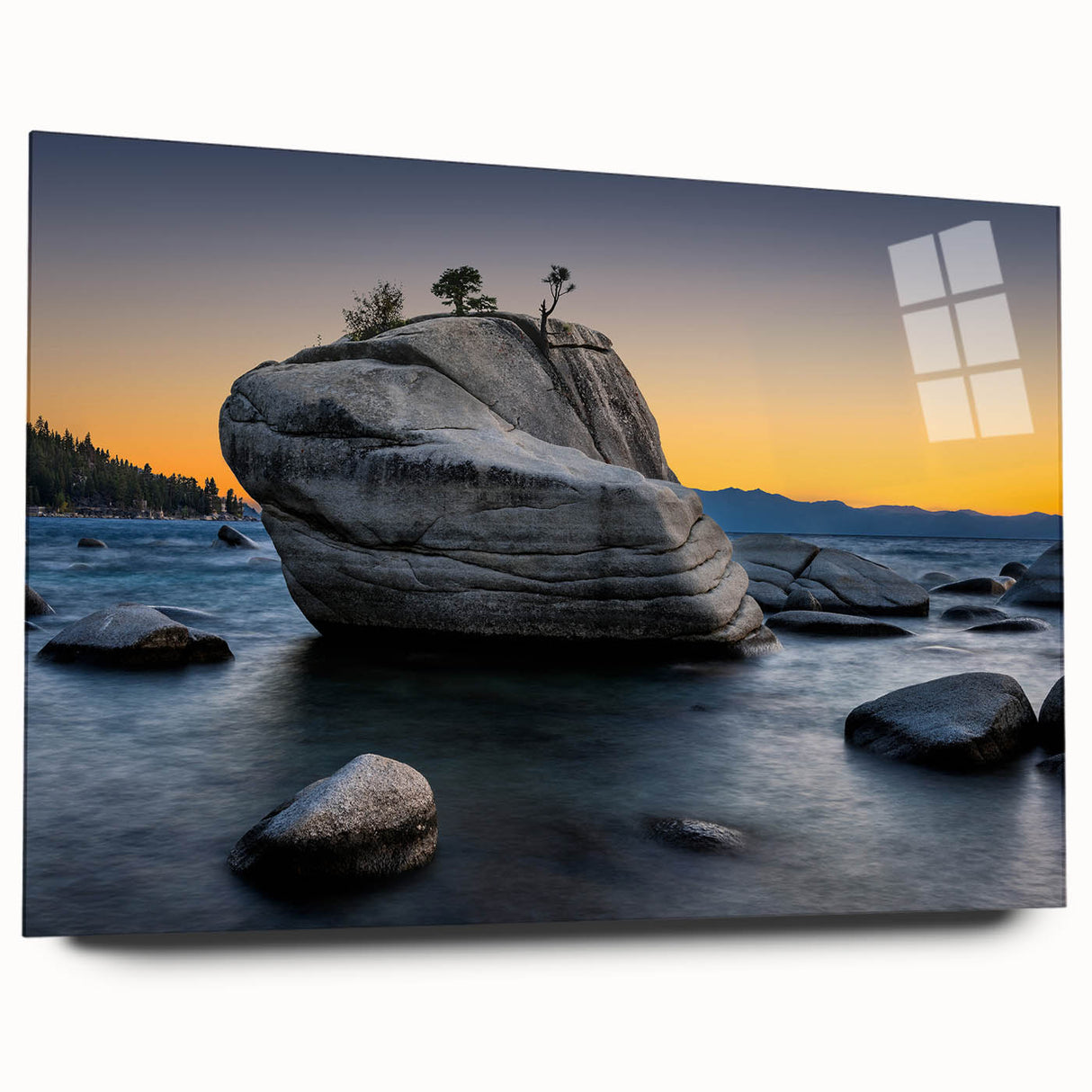 Acrylic print of Lake Tahoe with reflective water in muted blue tones, ideal for bedroom or dining room art.