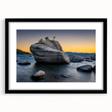 Extra large abstract art print of Lake Tahoe with vibrant, textured colors on a black framed canvas.