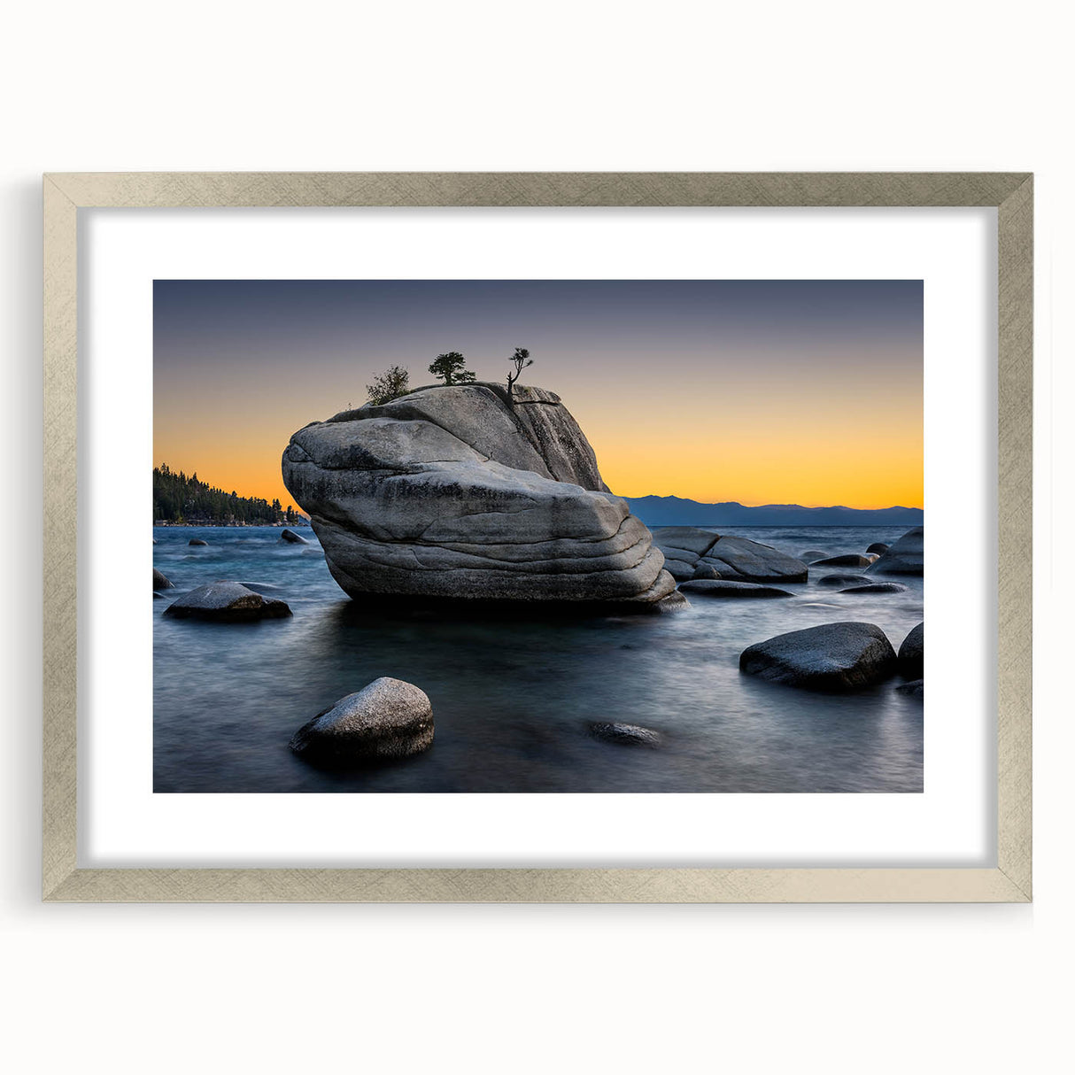 Textured art depicting Lake Tahoe in muted blue and green tones on a framed canvas, suitable for bedroom wall decor.