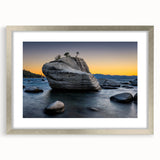 Textured art depicting Lake Tahoe in muted blue and green tones on a framed canvas, suitable for bedroom wall decor.