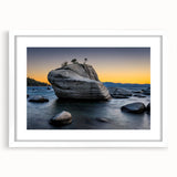 Abstract art print of Lake Tahoe in muted blue and green tones on a framed white mat, ideal for dining room decor.
