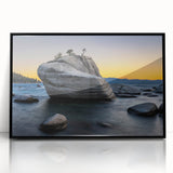 Large abstract wall art of Lake Tahoe in muted blue and green tones, framed in black acrylic.
