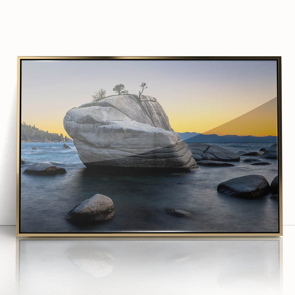 Framed acrylic print of Lake Tahoe with vivid blue and green tones, ideal for modern art wall decor.