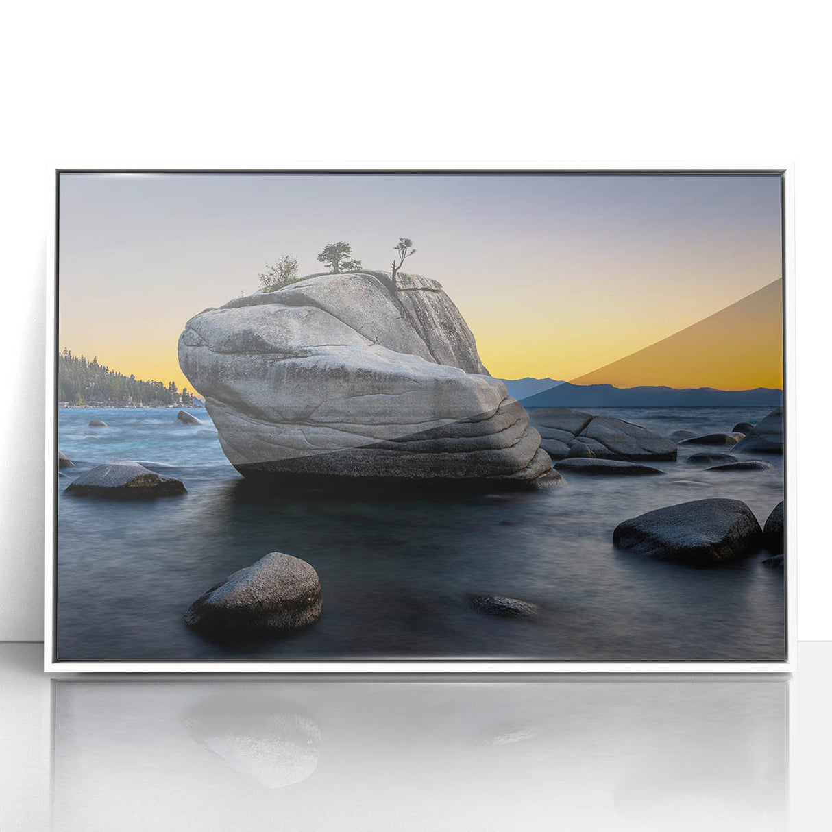 Acrylic print of Lake Tahoe with serene blue and white tones in an art deco style, ideal for modern art wall decor.