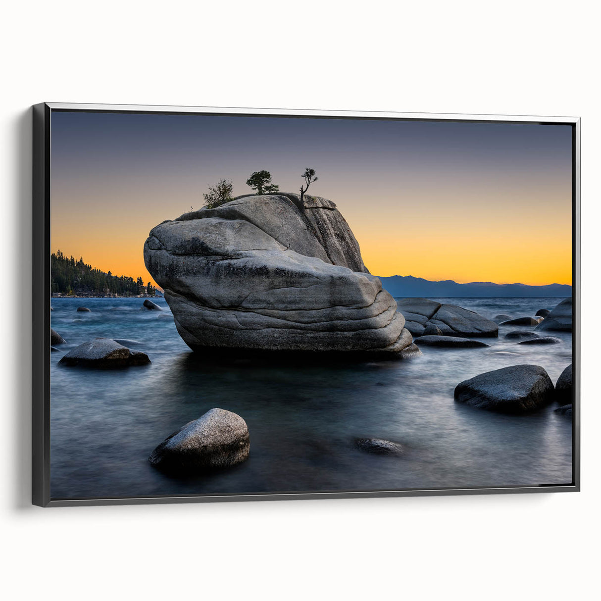 Black and white landscape art painting of Lake Tahoe on framed canvas, ideal for bedroom wall decor.