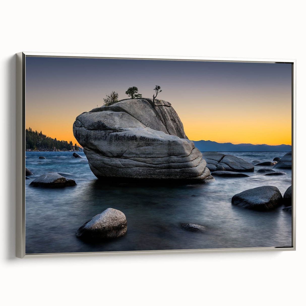 Landscape art painting of Lake Tahoe with vibrant blue and green tones on a framed canvas, ideal for living room decor.