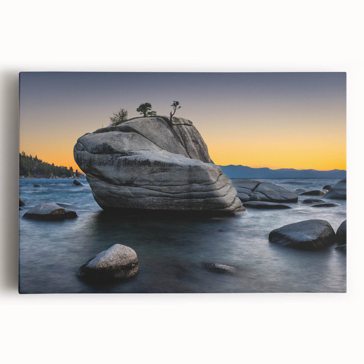 Black and white photo of Lake Tahoe on stretched canvas, suitable for kitchen wall art.