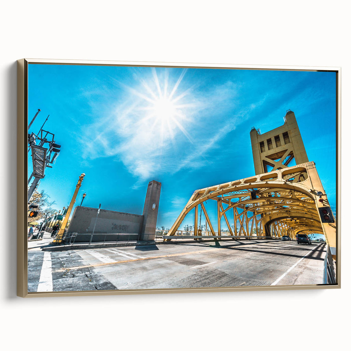 Framed canvas of Sacramento landscape in muted black and gold tones, suitable for bedroom wall art.