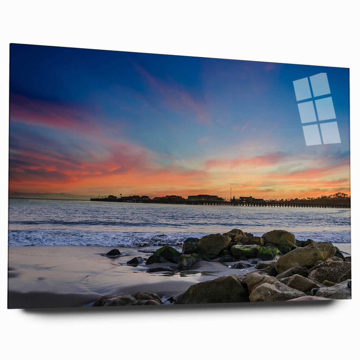 Large abstract wall art of Santa Barbara scenery in muted blue and green tones on acrylic glass.